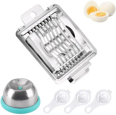 Produktbild von Unyqoos® Eierschneider-Komplettset zum Schneiden & Vorbereiten von Eiern – Eierschneider, Eiertrenner & Eierpikser aus rostfreiem Edelstahl und lebensmittelechtem Kunststoff