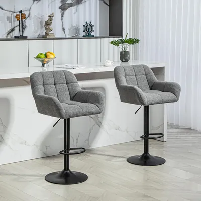 Image de Ensemble de 2 tabourets de bar au design rétro, tabourets de bar réglables en hauteur, pivotants à 360°, rembourrés en polyester, couleur gris | 64–85 cm | 57,5 x 52,5 x 114 cm