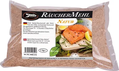A bag of smoking wood chips with an image of salmon on it.