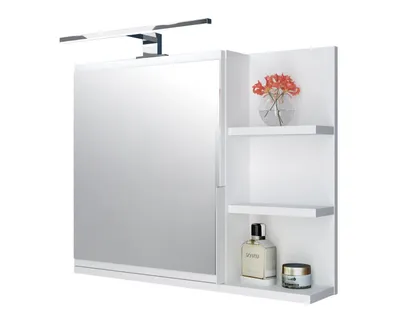 Produktbild von Badezimmerschrank mit Spiegel und LED-Beleuchtung, LED-Badezimmerschrank mit Ablagen, Weiß