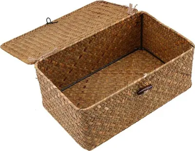 Produktbild von Aufbewahrungskorb aus geflochtenem Rattan, Aufbewahrungsbox mit Deckel, Seegras, W?schek?rbe, Make-up-Organizer fš¹r Badezimmer, Wohnzimmer, Kš¹che-Erh?ltlich in 3 Modellen (S, M, L)