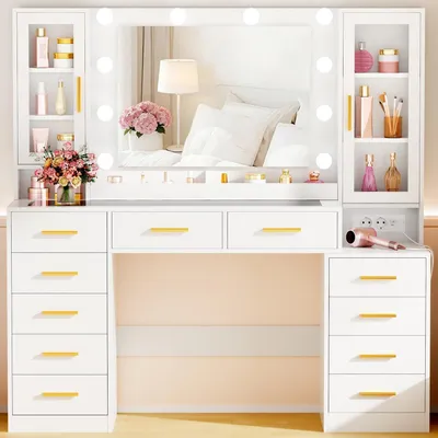 Immagine prodotto di Comò da trucco bianco, 135 cm, con specchio e illuminazione a LED, piano in vetro, presa di corrente e 11 cassetti