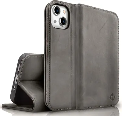 Zdjęcie produktu dla Etui z klapką NALIA z prawdziwej skóry do iPhone'a 15, skórzane etui ochronne ze skóry bydlęcej z ochroną RFID, funkcja podstawki, składane, ciemnoszare