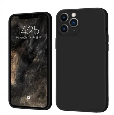 A black iPhone case is shown next to an iPhone with a black case.