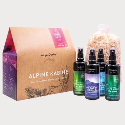 Produktbild von Infrarotkabinen-Spray Set Duftspray - 100ml Erfrischung, 100ml Atemwohl, 100ml Naturluft, 100ml Nachtruhe, 1x Zirbensäckchen