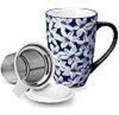 Image de Tasse en céramique avec couvercle et filtre, 540 ml, motif floral bleu et blanc