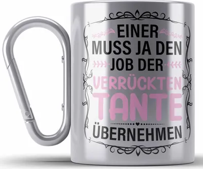 Produktbild von Trendation - Verrückte Tante Geschenk Edelstahl Tasse Karabiner Lustig Spruch (Silber)
