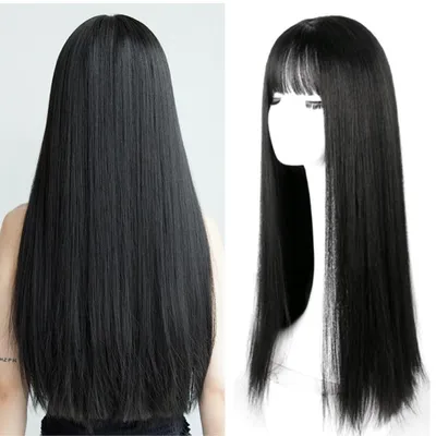 Productafbeelding van Lange Zwarte Rechte Wig met Pony voor Cosplay en Feestjes