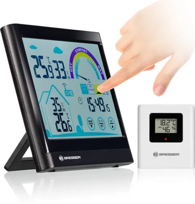 Immagine prodotto di Termometro/igrometro Bresser con indicazione della ventilazione consigliata, touchscreen, temperatura interna/esterna, umidità, memoria min./max.