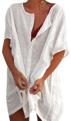 Productafbeelding van Figarge dames strandjurk, bikini-cover-up met ronde hals, knoopsluiting en korte mouwen