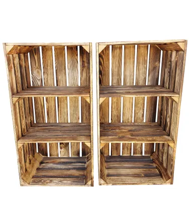 Two wooden crates with shelves, shown against a white background.