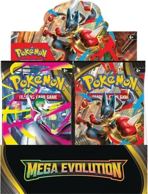 A Pokemon Mega Evolution booster box with two booster packs displayed in front.