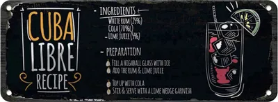 Produktbild von vianmo Blechschild 10x27 cm Cuba Libre Cocktail Recipe