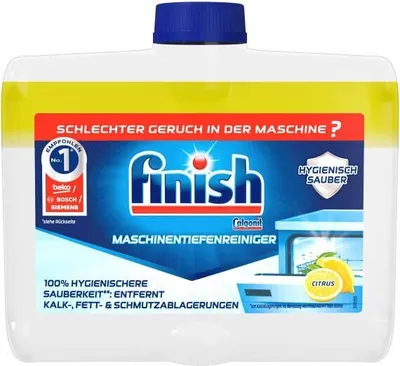 Produktbild von Finish Maschinentiefenreiniger Citrus – Flüssiger Maschinenreiniger gegen Kalk und Fett für eine saubere Spülmaschine – Sparpack mit 12 x 250 ml Maschinenpfleger mit Zitronenduft