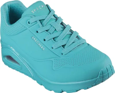 A single turquoise Skechers Uno Stand on Air shoe is shown from a side-angle on a white background.