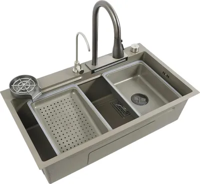 Obrázek produktu pro Multifunkční vestavný kuchyňský dřez – dvojité umyvadlo 80 × 45 cm – nerezová ocel – s baterií – obdélníkový – 1 otvor – světle šedý