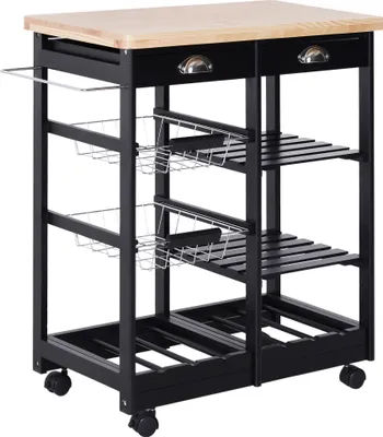 Produktbild von HOMCOM Hilfswagen mit Rollen, Gemüsewagen, Küchenwagen mit 2 Schubladen, 2 Körben und 2 Regalen für das Esszimmer, 74 x 37 x 76 cm, Schwarz