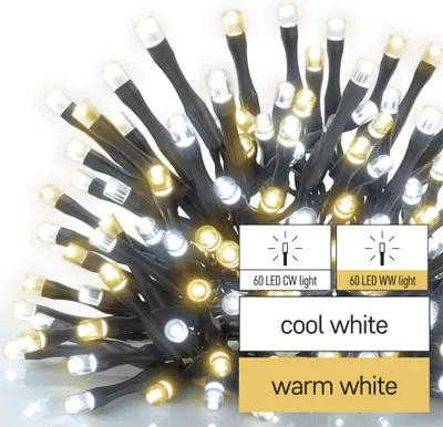LED vánoční řetěz, 12 m, venkovní i vnitřní, teplá/studená bílá, časovač