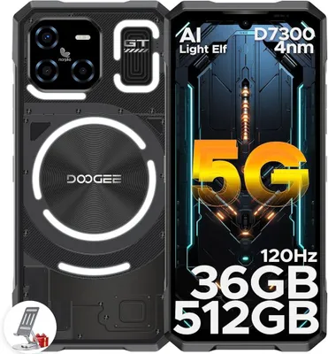 A marketing image of a smartphone, showing both the front and back, with feature callouts.