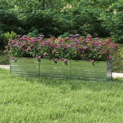 Zdjęcie produktu dla Podwyższona skrzynia do roślin - Metalowa donica - Do uprawy warzyw - Stal odporna na warunki atmosferyczne - 240 x 40 x 45 cm - Srebrna