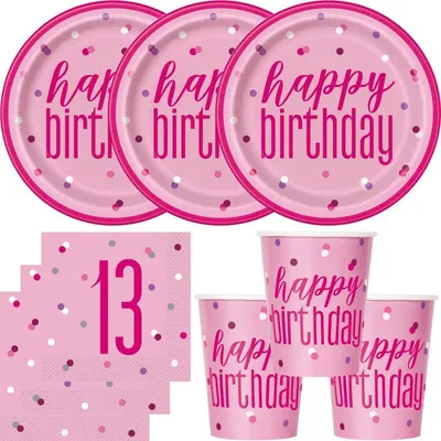 Produktbild von 13. Geburtstag Partyset Einweggeschirr rosa pink 48 tlg. Partygeschirr Teller Becher Servietten