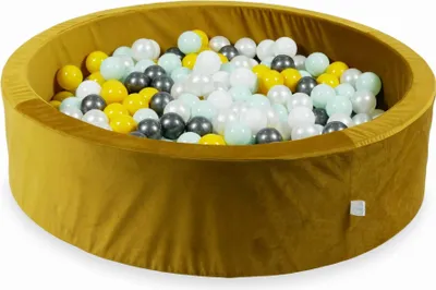 Produktbild von Bällebad 110x30 Samt Gold – Mit 400 Bällen / Gelb, Hellmint, Graphit Metallic, Weiß, Perlmutt