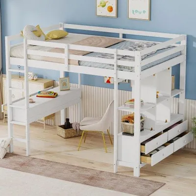 Image de Lit mezzanine pour enfant, 140 x 200 cm, blanc, avec espaces de rangement et bureau sous le lit