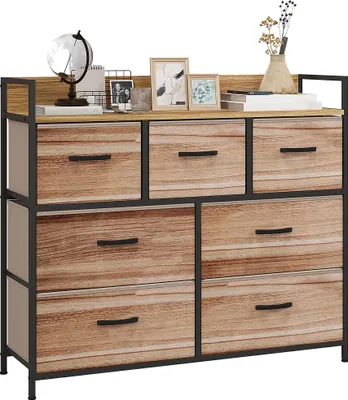 Produktbild von HOMCOM Kommode mit 7 Schubladen und klappbaren Stoffschubladen – Schwarzes Stahlgestell – 98 x 29 x 85 cm, für Schlafzimmer, Flur, Wohnzimmer, Schwarz und Natur