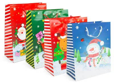 Image de Sacs cadeaux de Noël - Papier - 265 x 127 x 330 mm - 4 motifs par paquet - 12 pièces par paquet