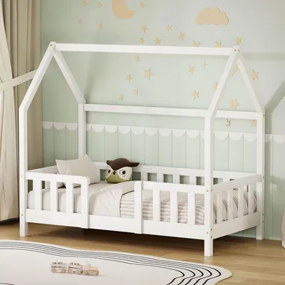 Produktbild von ML-Design Kinderbett 70x140cm mit Rausfallschutz, Dach & Lattenrost Weiß Montessori Bodenbett aus massivem Kiefernholz Hausbett für Mädchen & Jungen