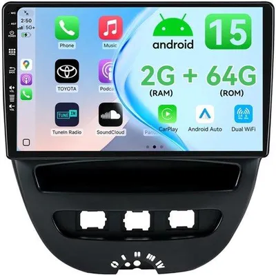 Zdjęcie produktu dla [2G+64G] Radio samochodowe do Toyoty Aygo/Peugeot 107/Citroen C1 (2005-2014) | Radio z systemem Android 15, nawigacją GPS | CarPlay, Android Auto, sterowanie przy kierownicy, DAB, 4G, WiFi, DSP, Bluetooth | Kamera | 2 Din, ekran 10.1 cala