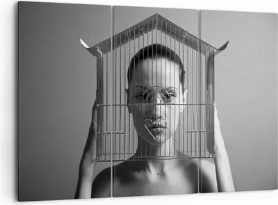 Produktbild von Bild auf Leinwand - Leinwandbild - 3 Teile - Schwarzweiß Frau Käfig - 105x70cm - Wand Bild - Wanddeko - Wandbilder - Leinwanddruck - Bilder - Wanddekoration - Leinwand bilder - CE105x70-4131