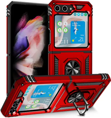Produktbild von Hülle für Samsung Galaxy Z Flip 5 Dual Layer Militäre Fallschutz Schutzhülle mit Ringhalterung Ständer Rot