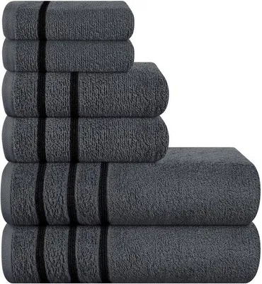 Produktbild von Unyqoos® 6‑teiliges s Handtuch-Set aus 100% Baumwolle – 2×70×140 cm, 2×40×60 cm, 2×30×30 cm, saugfähig & schnell trocknend, Holzkohlegrau