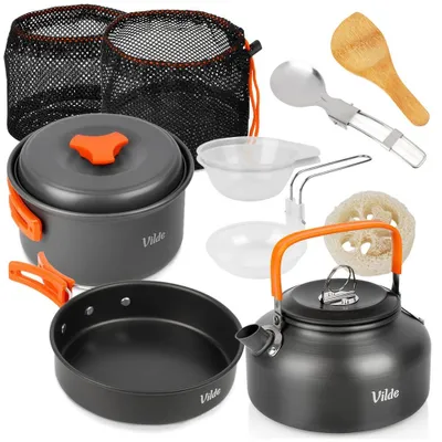 Produktbild von Vilde | Camping Geschirr Set 11-teilig - Töpfe - Wasserkessel 700 ml - Zubehör - Aluminium