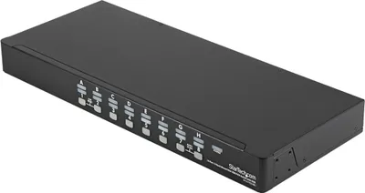 Imagen del producto de StarTech.com, conmutador KVM de 16 puertos VGA/USB, compatible con montaje en rack de 1U, con OSD, incluye cables. Permite conectar 16 computadoras. Cuenta con 2 puertos USB y 1 puerto VGA. Diseñado para montaje en rack
