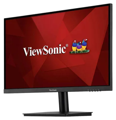 A ViewSonic monitor displaying the company logo and a graphic of three birds.
