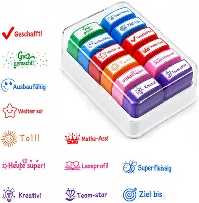 Imagen del producto de Juego de 12 sellos autoinmorbilizantes para profesores, de colores, con caja de almacenamiento, para uso escolar