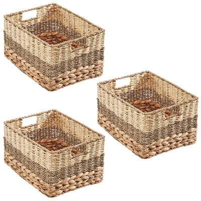 Zdjęcie produktu dla Kosze do przechowywania Kobolo, kosze na półki, zestaw 3 sztuki | Koszyki wykonane z różnych naturalnych materiałów na metalowej ramie, kosze plecione, pojemniki, organizery, kosze