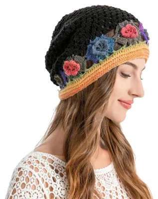 Immagine prodotto di Cappello estivo da donna, berretto lavorato a maglia, modello slouch, taglia unica, con fiore colorato, colore nero, in cotone