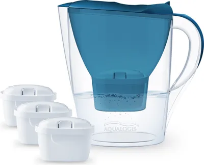 A water filter pitcher and three replacement filters are shown against a white background.