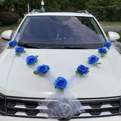 Immagine prodotto di Set di decorazioni per auto da matrimonio con 9 rose e 2 metri di tulle blu/bianco