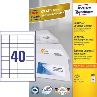 Produktbild von Avery Zweckform 3651 Universal-Etiketten, 52,5 x 29,7 mm, 100 Blatt/4.000 Etiketten, weiß