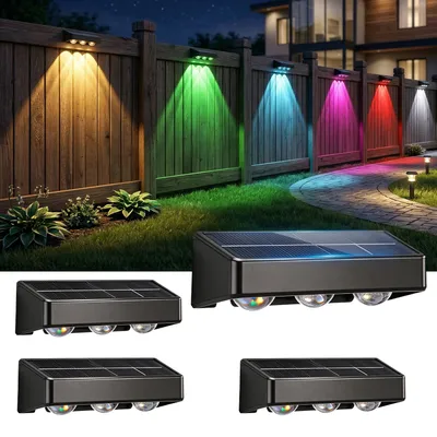 Produktbild von 4 Stück LED Solarlampe für Außen, 3 LEDs Solarleuchte Außen Wandlampe, Warmweiß, Kaltweiß, RGB, LED Solar leuchte für Veranda, Garten, Terrasse, Zaun