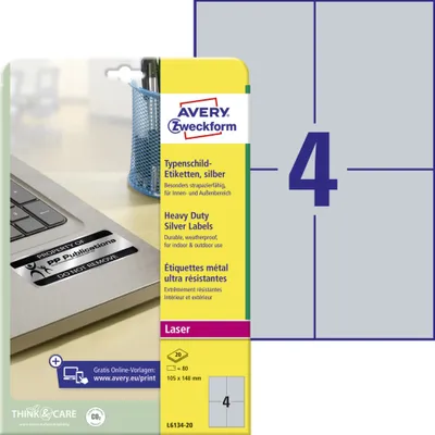 Produktbild von Avery Zweckform L6134-20 Typenschild-Etiketten, 105 x 148 mm, 20 Blatt/80 Etiketten, silber