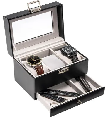 Produktbild von Uhrenbox mit 3 Fächern und Glasdeckel, Schwarz