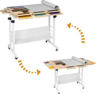 Produktbild von Puzzletisch mit klappbarer Tischplatte, höhenverstellbar, Puzzlebrett, 2 Filzbezug, 8 Sortierschalen, 4 Rollenrädern, für 2000 Teile