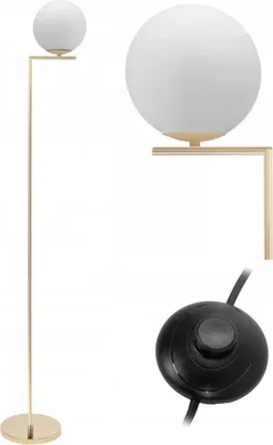 A floor lamp with a spherical shade and a gold-colored stand, shown against a white background. A close-up of the shade and a detail of the foot switch are also included.