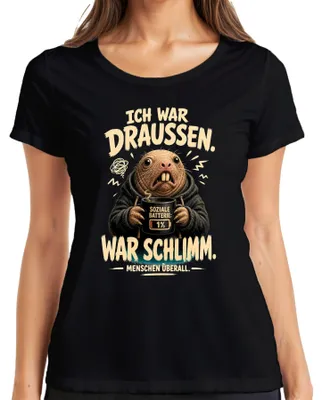 Productafbeelding van Ik was buiten, het was erg. Naaktmulles. Sociaal statement. Sarcastisch. Dames T-shirt, zwart, maat M