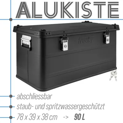 Alukiste Fassungsvermögen 90 L, 2 Klappgriffe seitlich, 2 Schlüssel, schwarz, Abschließbar, Spritzwassergeschützt, 78 x 39 x 38 cm
